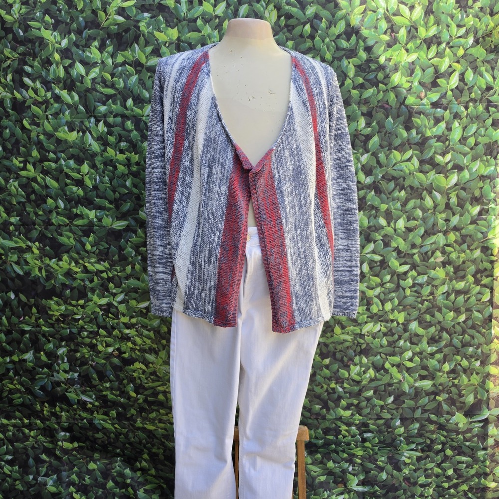 J. Jill XS Petite Open Front Knit Cardigan Blue Red White Striped
